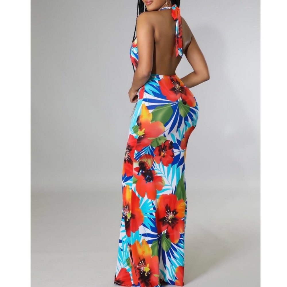 Codigo Tropical Floral Printed Maxi Halter Tie Dress White Orange multi New - Picture 2 of 5